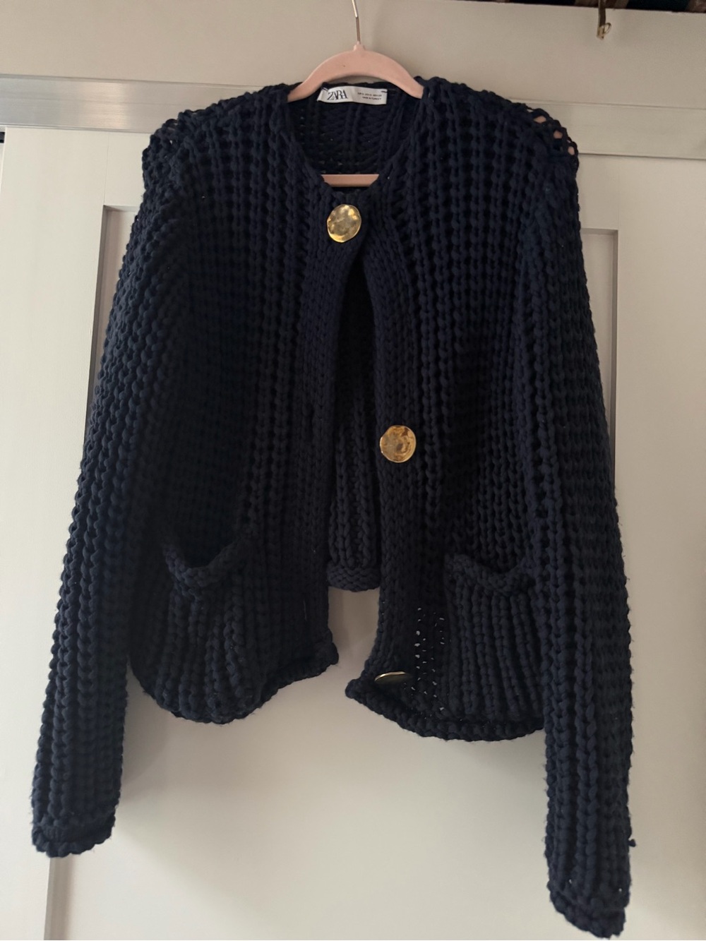 Zara Navy Chunky Knit Cardigan with Gold Buttons